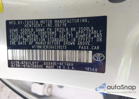 2016 Toyota Avalon Xle z USA, uszkodzony, nr VIN 4T1BK1EB2GU239275